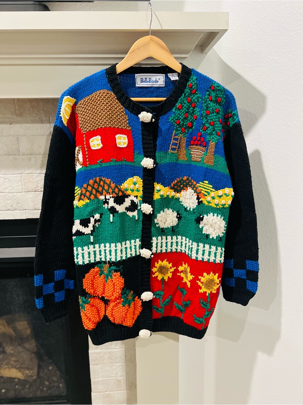 Vintage Belle Pointer Farm Cardigan Patchwork Knit Sweater Size S/M